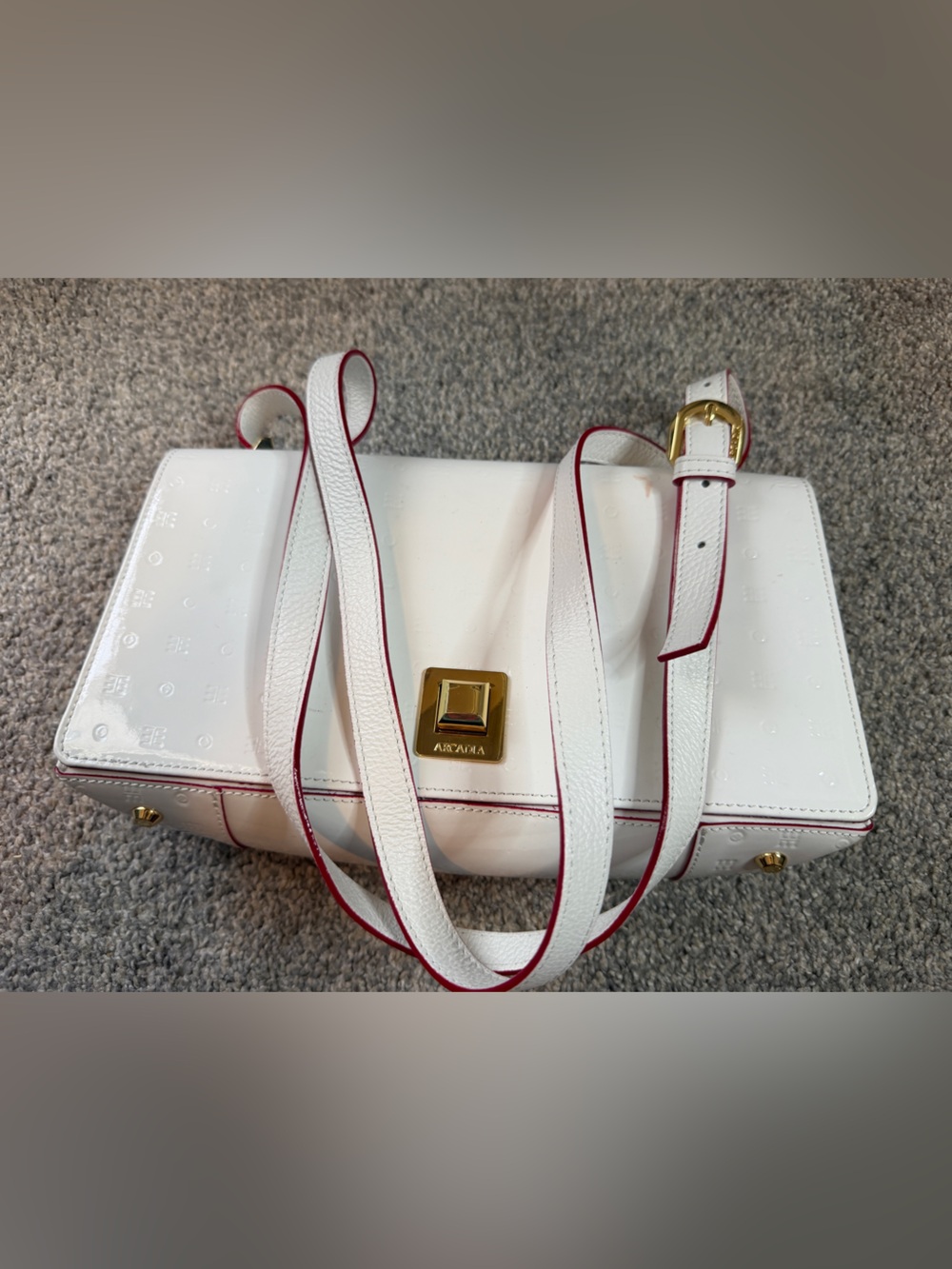 Arcadia White Shoulder Bag with Red Trim and Gold Hardware